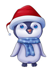 Cartoon illustration of a penguin with santa hat