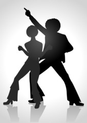 Silhouette of a couple dancing in the 70s fashion style