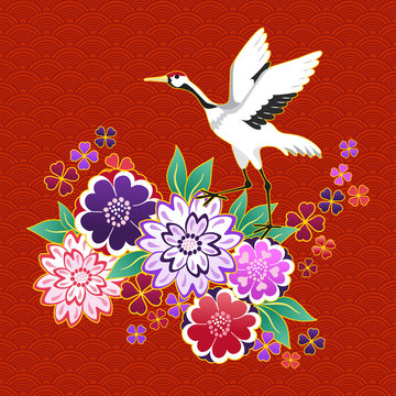 Kimono decorative motif with flowers and crane