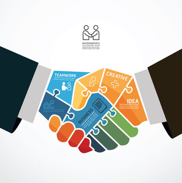 Infographic Template With Businessman Handshake Jigsaw Banner .