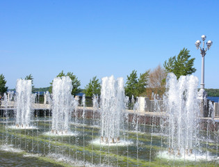 Fountain on quay of river Volga