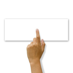 Hand touching white blank card