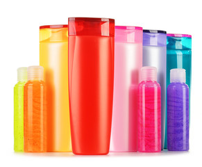 Plastic bottles of body care and beauty products