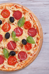 pizza with salami, tomato, cheese, olives and basil close-up