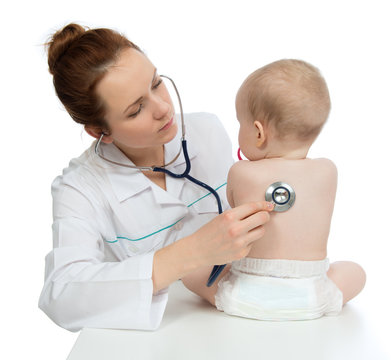 nurse auscultating child baby patient spine with stethoscope