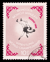 Mongolian stamp, wrestling world championship in toledo, USA