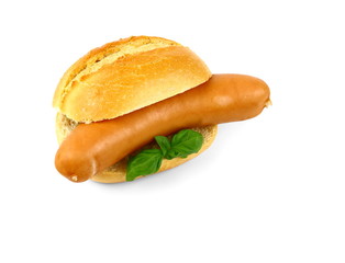 German sausage with bun and basil