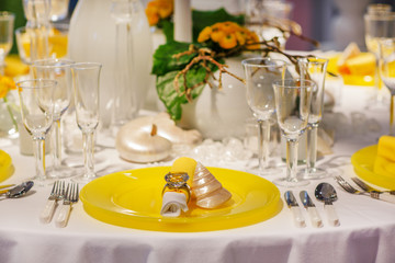 Elegant table set in soft creme and yellow for wedding or event
