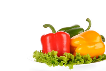 Red Green and Yellow peppers on salad leaf isolated on white bac