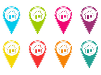 Set of house icons or colored markers on maps