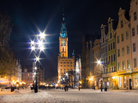 City hall old town Gdansk Poland Europe. Winter night scenery.
