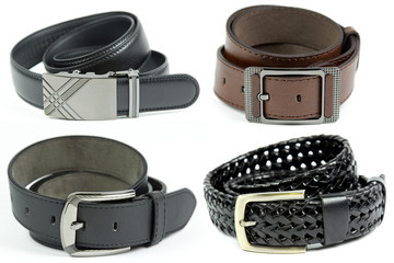 Leather belt of various color on white background.