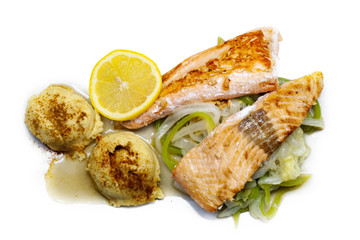 Dish with fried salmon