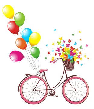 Romantic Birthday card. Bicycle with balloons and basket