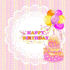Fototapeta na wymiar Beautiful Vintage card on Birthday with cake and ballons