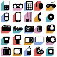 Collection flat icons with long shadow. Multimedia symbols. Vect