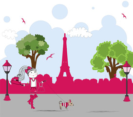 girl with cute little dog in paris. vector