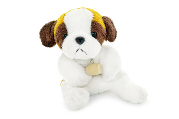 Plush dog toy isolated on a white background.