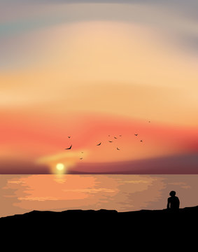 The lonely man at the sunset. Vector illustration