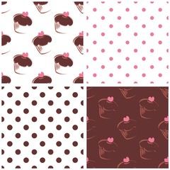 Seamless vector background set with polka dots heart cupcakes