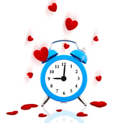 Alarm clock ringing with jumping hearts all around isolated