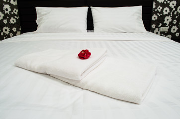 red rose on white towel in hotel room