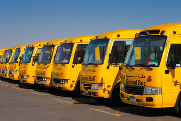 Une perspective oblique de 8 bus scolaires arabes jaunes