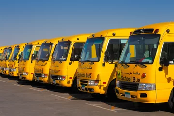 Photo sur Aluminium moyen-Orient Une perspective oblique de 8 bus scolaires arabes jaunes