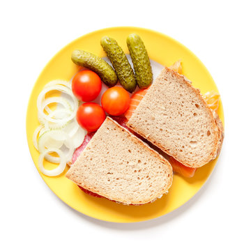 bread with salami and salmon