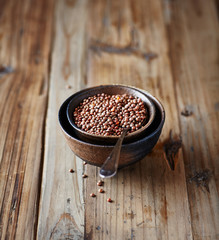 Brown lentils in a ceramic bowl