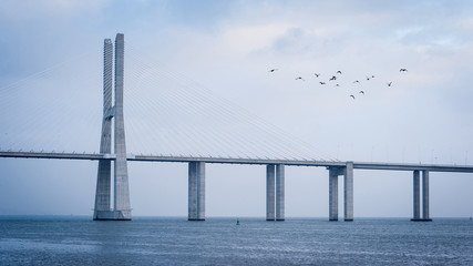 Vasco da Gama Bridge over the Tagus river in Lisbon, Portugal.