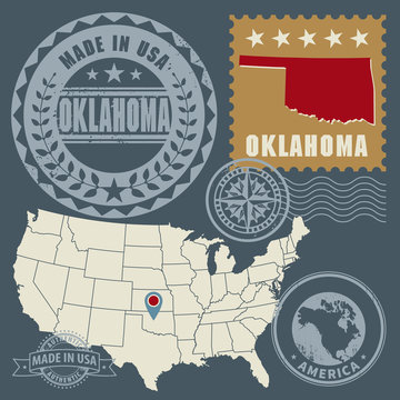 Abstract post stamps set with name and map of Oklahoma, USA