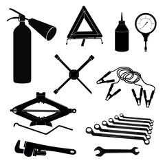 Auto service icons. Repair car on the road. Garage tools set.