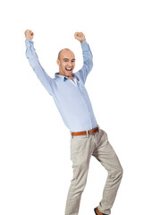 erfolgreicher lachender geschäftsmann mit blauem hemd