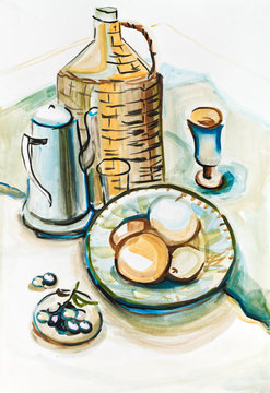 Still life with a wattled bottle