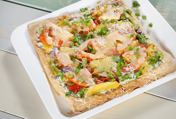 Fresh square pizza on a plate