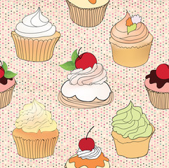 Pastry seamless vintage background. Sweets pattern. Cupcake set