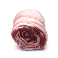 Rolled lamb breast joint,isolated on a white studio background.