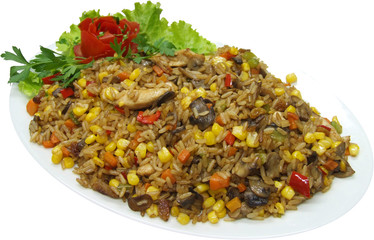 Spaghetti with fresh vegetables and chicken meal
