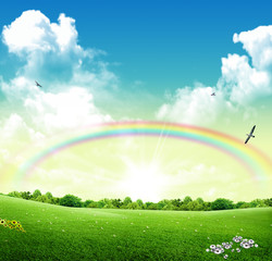 Parco primaverile con arcobaleno