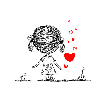 Girl with red heart, valentine card sketch for your design