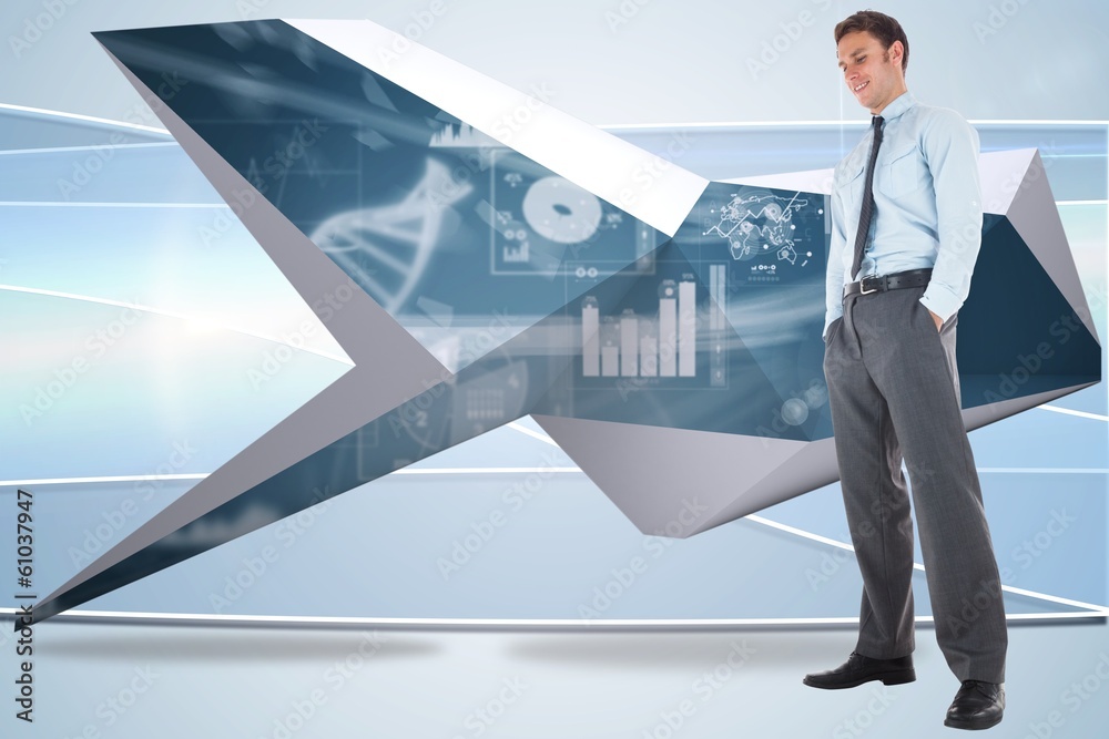 Poster composite image of happy businessman standing with hands in pock