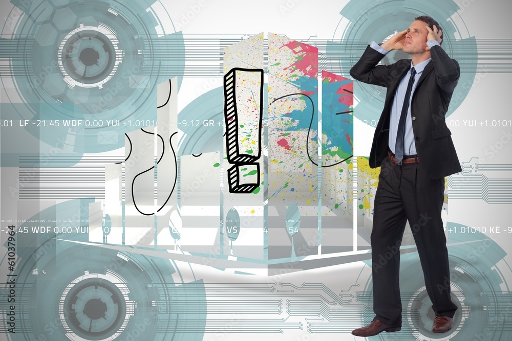 Poster composite image of stressed businessman with hands on head