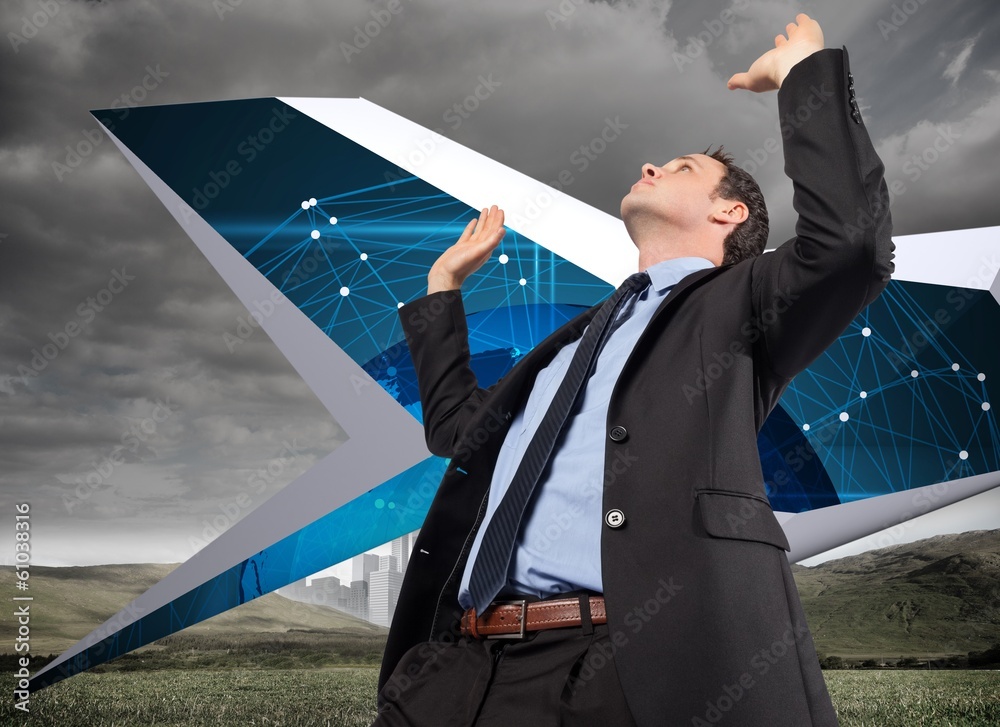Poster composite image of businessman posing with arms raised
