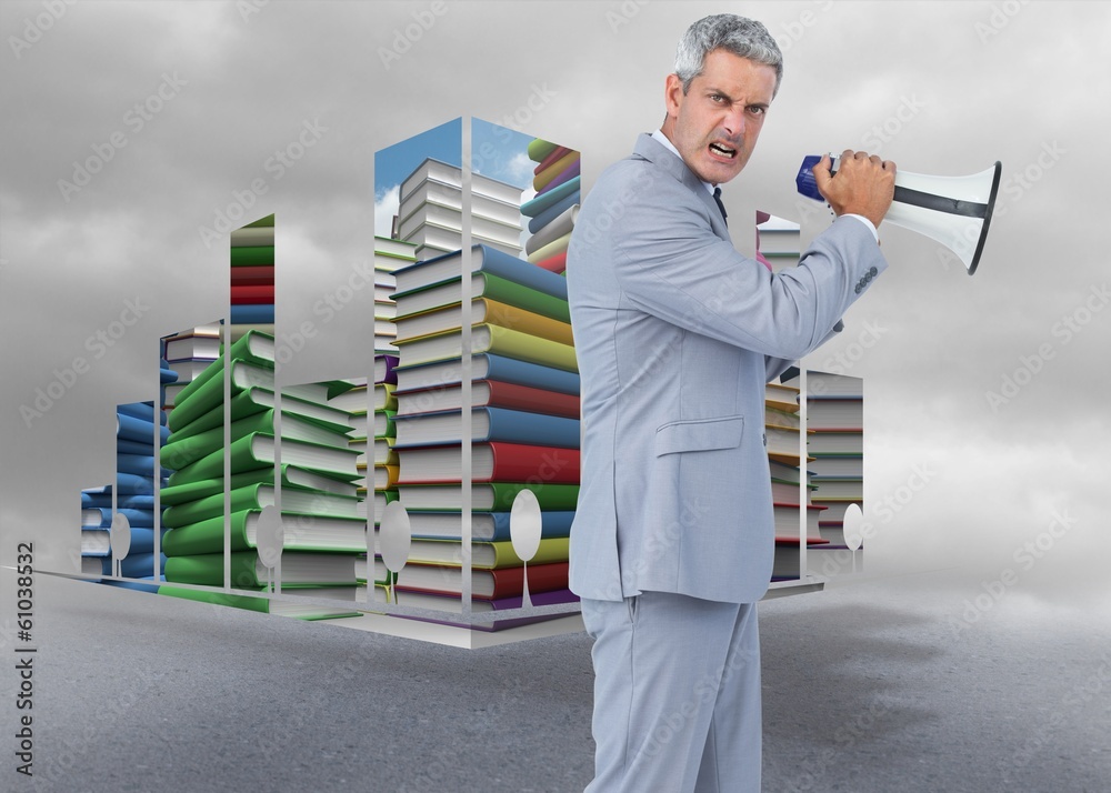 Poster composite image of furious businessman posing with loudspeaker