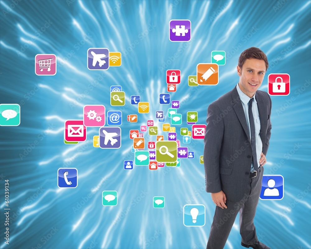 Poster composite image of cheerful businessman standing with hand on