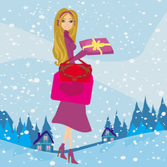 Fototapeta na wymiar card with a beautiful woman doing the shopping in winter