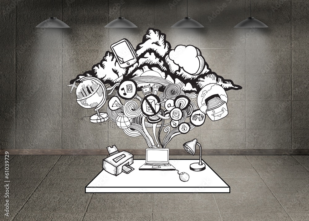 Poster composite image of ideas flowing from laptop doodle