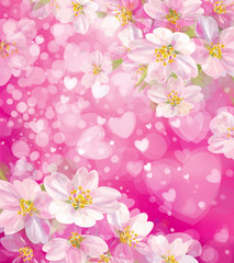Vector pink background with hearts and flowers.