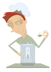 A cook makes a cup of coffee by coffee machine